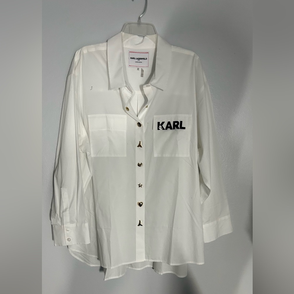 Karl Lagerfeld White Long-Sleeve Button Shirt with Logo Pocket. X2
